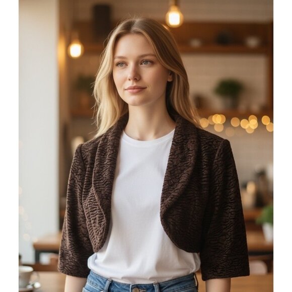 Zara Basic Brown Textured Faux Fur Shrug Jacket M Made in Spain Cropped Bolero - Picture 1 of 9